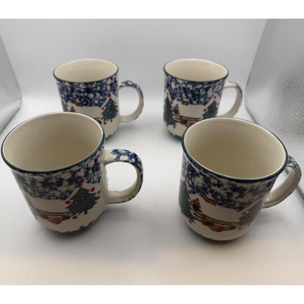 Folk Craft Tienshan Country Cabin Snow Blue Spongeware Coffee Mugs Set 4